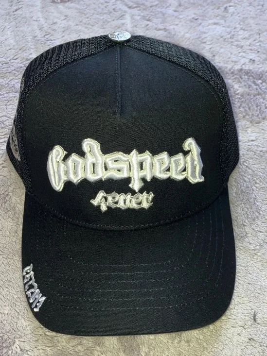 Godspeed Black Trucker Hat with White Embroidered Logo