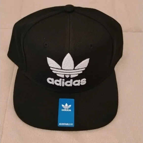 Adidas Classic Black Cap with White Logo, Snapback, Flat Bill, New