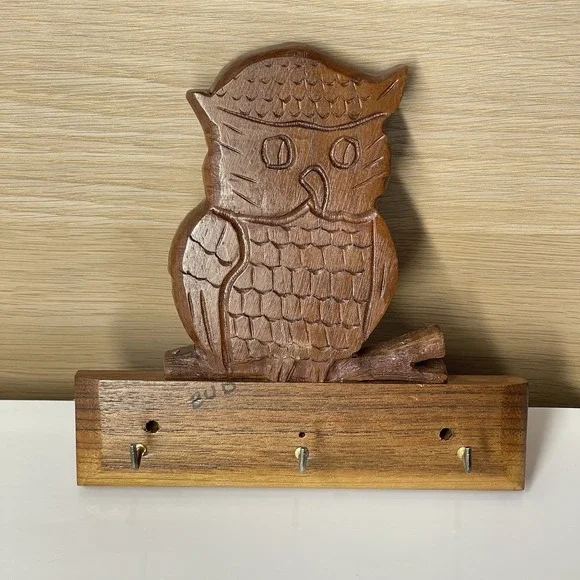 Vintage Wooden Owl Key Holder Wall Mount Hand Carved Mid Century Boho 3 Hooks