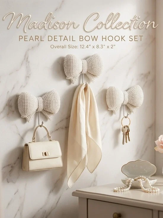 Madison Collection Pearl Bow Wall Hooks - Ivory