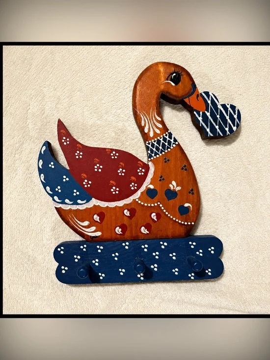 Cottagecore Hand-Painted Wooden Swan Wall Hook - Blue & Red