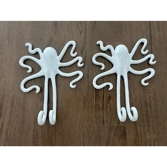 White Octopus Metal Wall Hooks Set of 2 Nautical Coastal Decorative Hangers