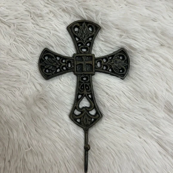 Cast Iron Decorative Wall Cross with Hook - Antique Bronze Tone