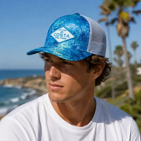 Mossy Oak Costa Del Mar Trucker Hat Mens Fishing snapback Logo Patch Blue Cap