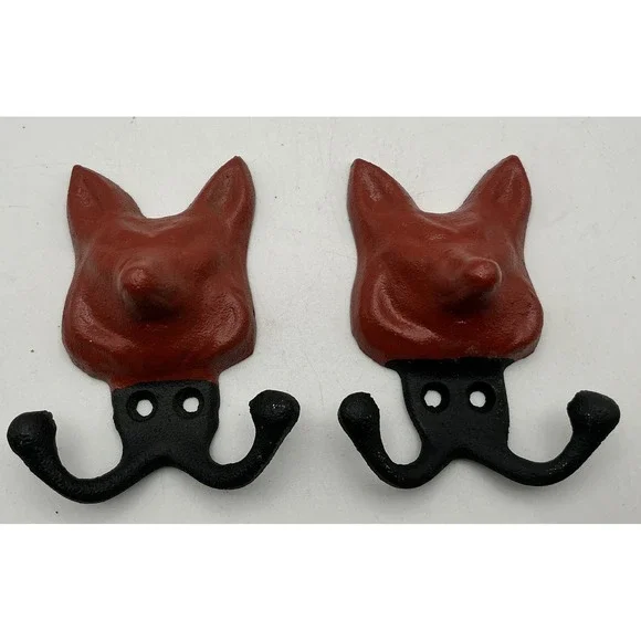 Vintage Cast Iron Fox Head Wall Hooks Set of 2 Red Black Coat Towel-No Screws