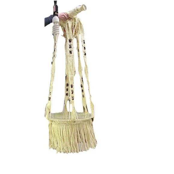 Vintage XL Macrame Hanging table‎ & plant Hanger Retro Boho 70s Cream 88