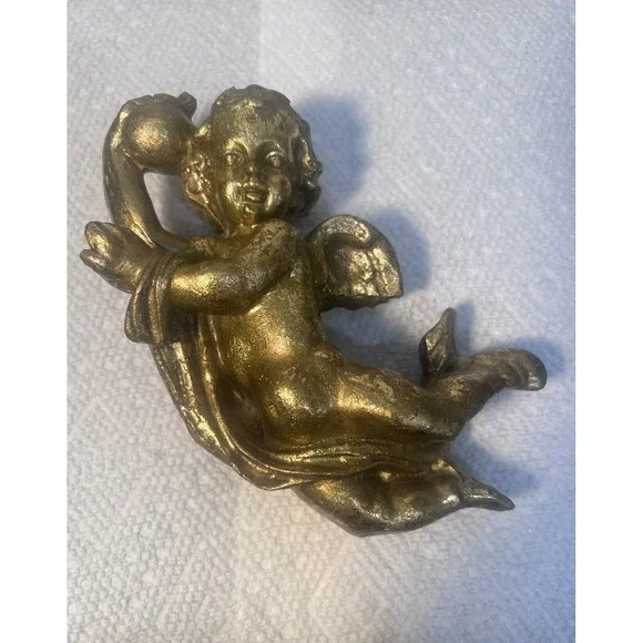 Vintage  Angel Cherub‎ Wall Hanging Plaques Hollywood Regency Gold 7