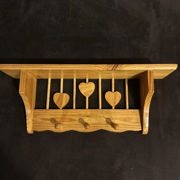 Vintage Wood Wall Mounted Coat & Hat Rack with Shelf, Heart Cutouts, 3‎ Pegs