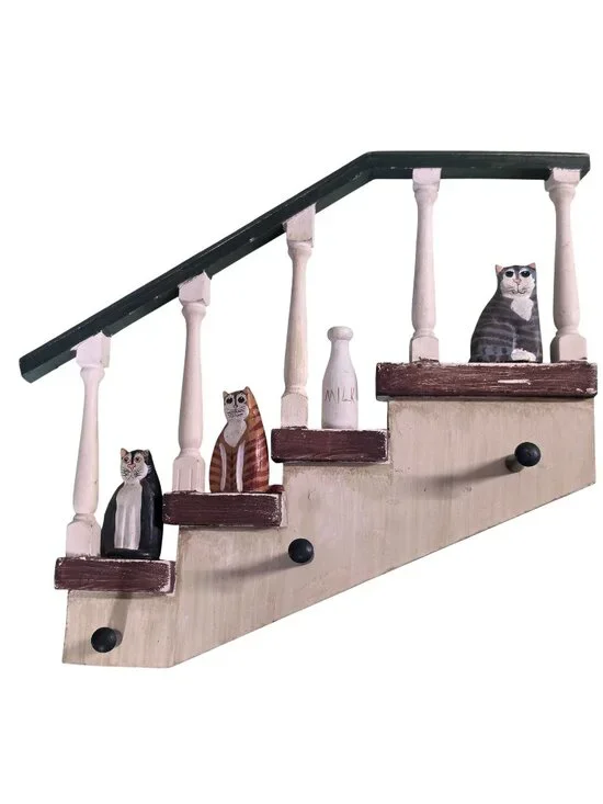 Ohio Wholesale 2001 Cat Staircase Wall Shelf Key Holder Primitive Folk Art Decor