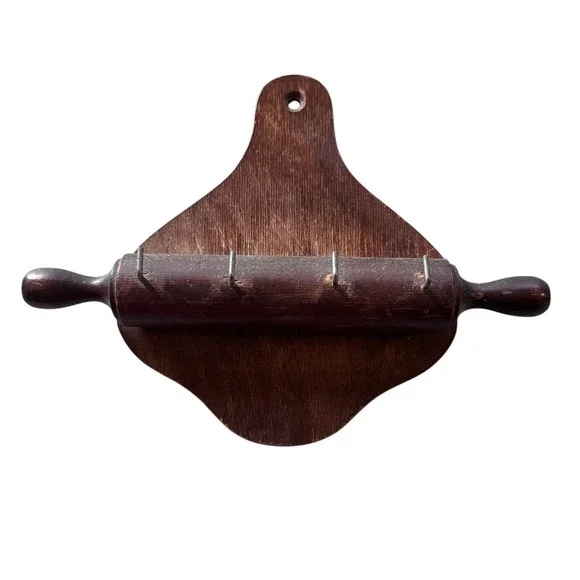 Rolling Pin Wall Rack Brown Wood Key Holder Hooks