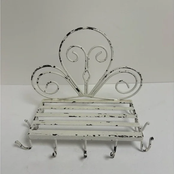 Vintage White Metal Wall Shelf With Cup Hooks