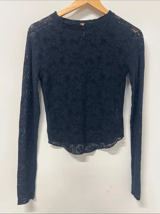 Free People Black Floral Crochet Long Sleeve Top