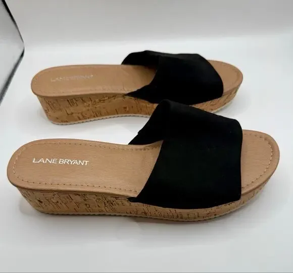 Lane Bryant Women’s Black Faux Suede Cork Wedge Sandals Comfort Slip On Size 10W