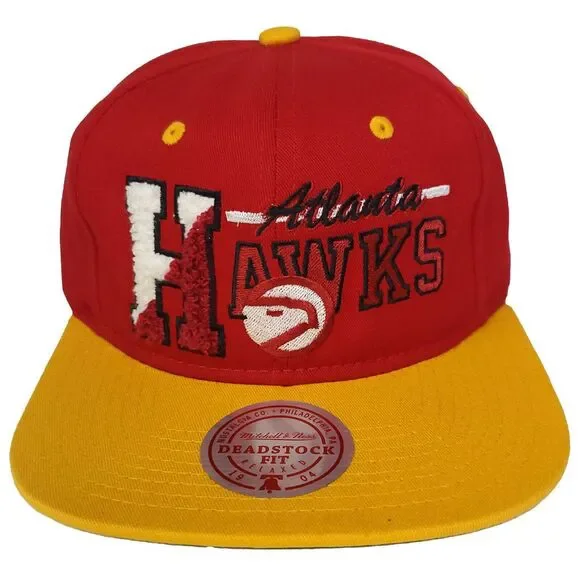 Atlanta Hawks Mitchell & Ness NBA‎ Snapback Hat Cap 3D Logo Chenille H Red NWT