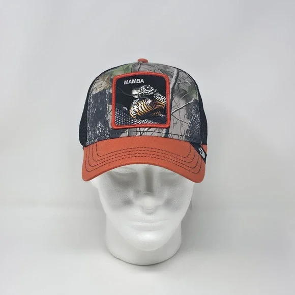 Goorin Bros The Farm Trucker Hat‎ Black Mamba Patch Woodland Camo Orange Cap