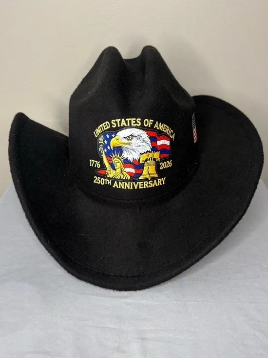 Black Felt Cowboy Hat with Patriotic 250th Anniversary Patch
