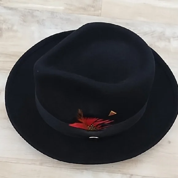Denzel collection Black Fedora Hat with Red Feather Accent