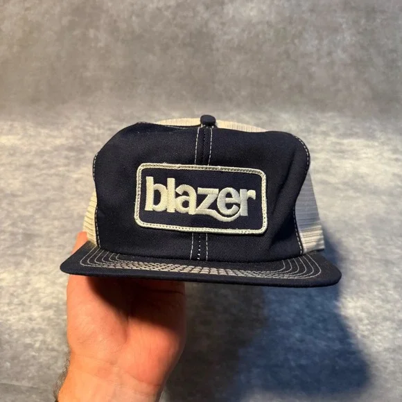 Vintage Blazer Trucker Hat Navy Blue White Mesh Snapback Cap Mens OSFA