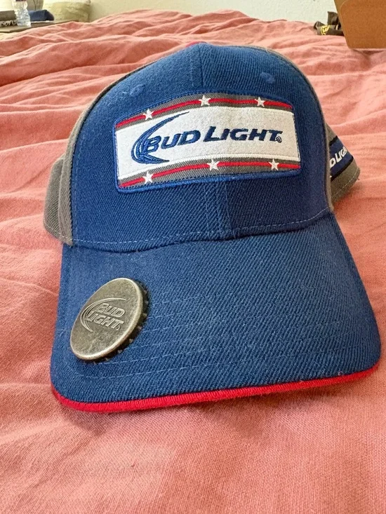 Bud Light Men's Blue and Gray Trucker Hat with Red Trim