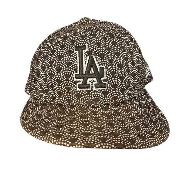 LA Dodgers MLB Men's Fitted Baseball Cap Brown Monogram All Over Print 7 5/8