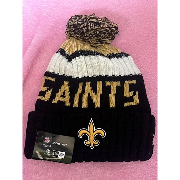 New Era New Orleans Saints NFL On Field Sport Knit Beanie Pom Hat Black Gold NEW
