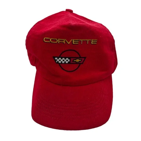 Vintage‎ Corvette Hat Red Corduroy Embroidered Logo Adjustable Cap Made USA