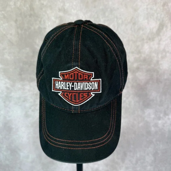Harley-Davidson Baseball Cap Men XL Black Orange Contrast Stitch Fitted Biker