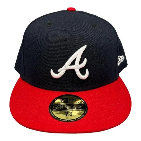 New Era 59Fifty Atlanta Braves Navy Blue Red Fitted Hat Men's Sz 7-3/4 NEW