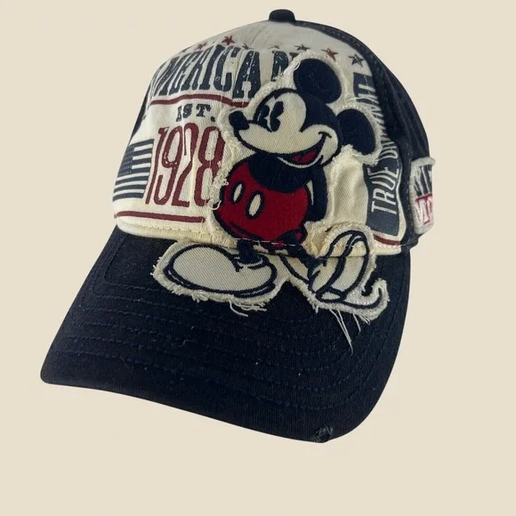 Disney Parks Mickey Mouse Americana 1928 Distressed Baseball Cap Navy Blue Hat