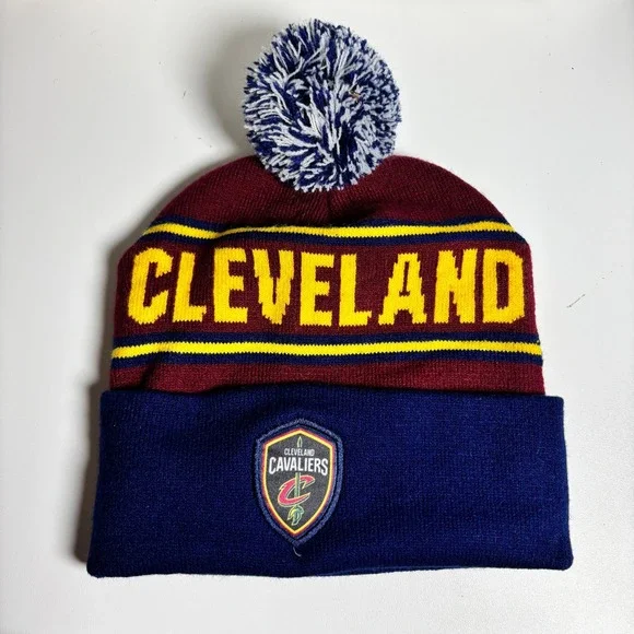 Cleveland Cavaliers NBA Cuffed Pom Beanie Hat Wine Gold Navy Blue One‎ Size