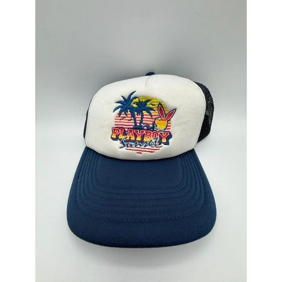 Playboy Sunset Trucker Hat Navy‎ Blue White Mesh Snapback Palm Trees Bunny