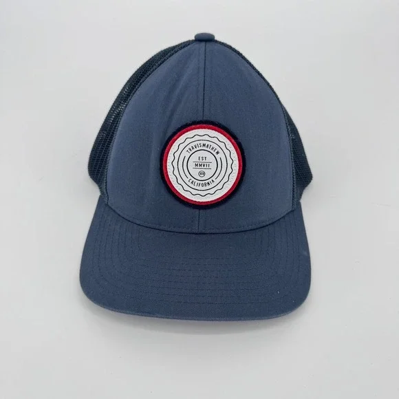 TravisMathew‎ Mens Navy Blue Trucker Hat Flexfit 110 Snapback California Patch