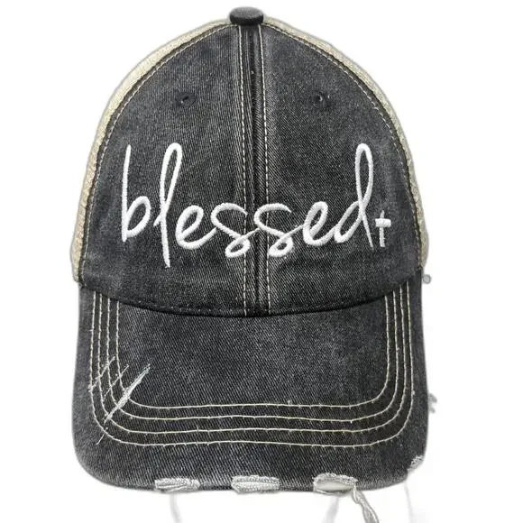 Katydid Gray Baseball Cap One Size Blessed Cross Distressed Mesh Back hat