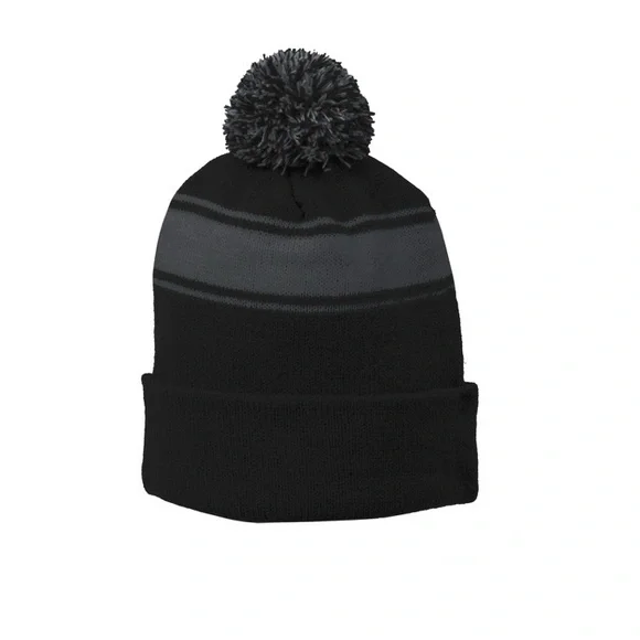 Sport-Tek Unisex Stripe Pom Pom Beanie (Black/Iron Grey) NWOT