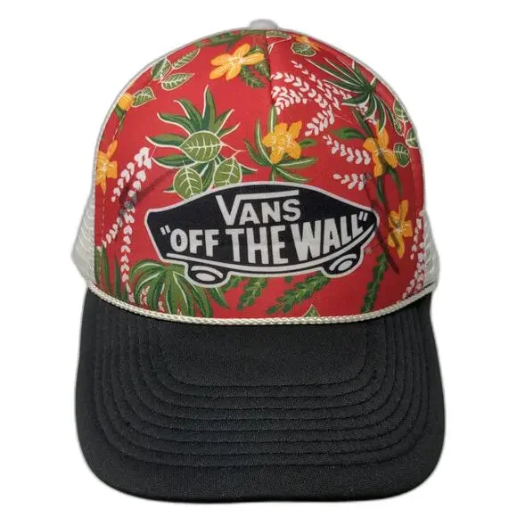 Vans Trucker Hat Red Floral Print Mesh Snapback One Size Skateboard Logo
