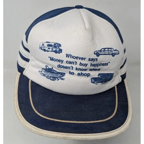 Vintage 1980s Three 3 Stripe Hat Snapback Cap Funny Car RV Boat Money 80s‎