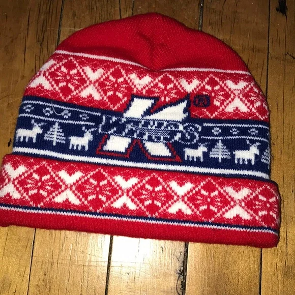 Red and Navy Knit Beanie with 'K' Logo - Men's Winter‎ Hat