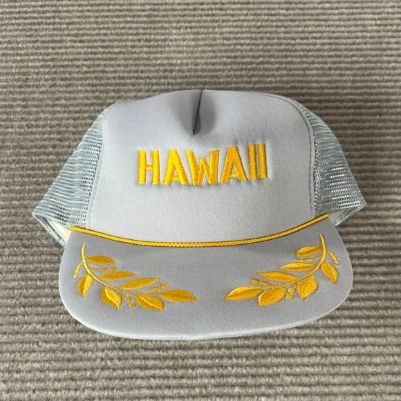 Vintage Hawaii Trucker Hat Gray Gold Embroidered Laurel Snapback Mesh Cap NWOT‎