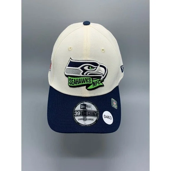 New Era 39THIRTY Seattle Seahawks NFL Hat Cream Navy Blue Mens Large-XLarge
