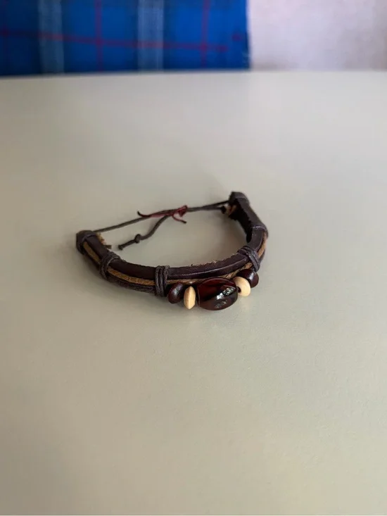 Men's Brown Leather Beaded Bracelet - Casual Adjustable Wristband