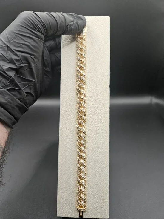 11mm Moissanite Cuban Link Bracelet 8 Inch Gold Tone