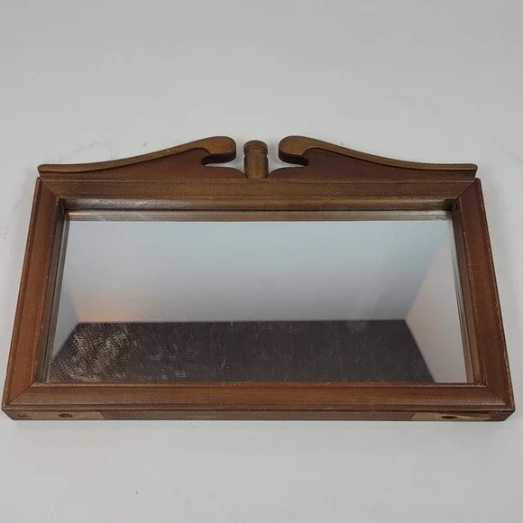 Vintage Wood Wall Mirror Japan Federal Style Scroll Pediment Small Brown 9.5in