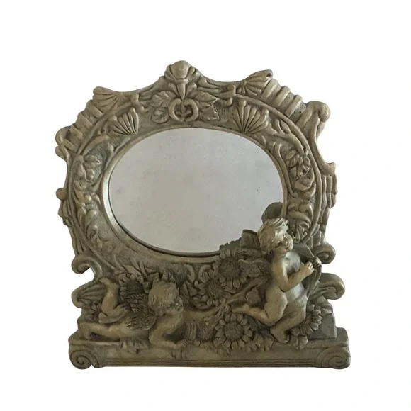 Vintage Cherubs‎ Table Mirror Picture Frame Resin 7.5x7.5