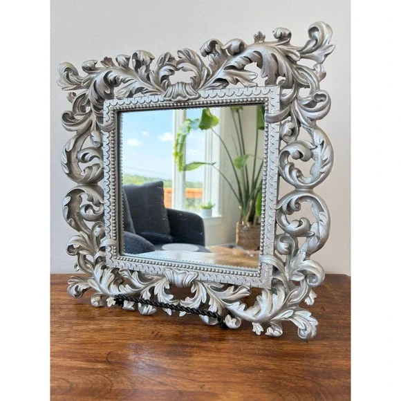 Ornate Silver Rococo Wall Mirror Square Baroque Scroll Frame Vintage Style 12x12