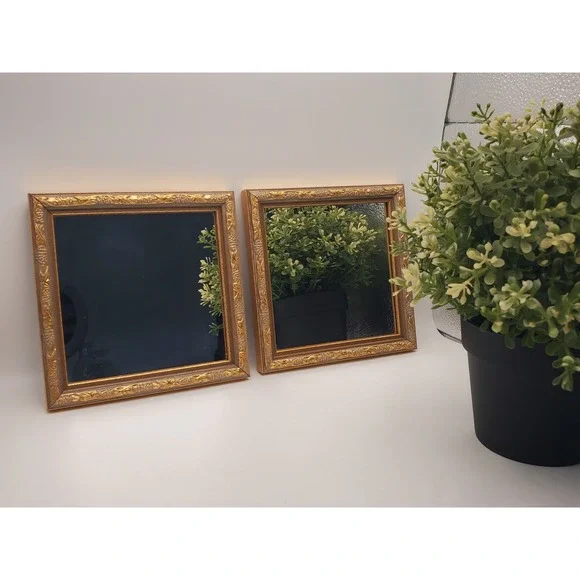 Vintage Home Interiors Gold Square Accent Mirrors - Matching Pair