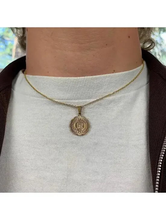 Cute Round Pendant Saint Marry Stainless Steel Gold Plated Circle Pendant y2k