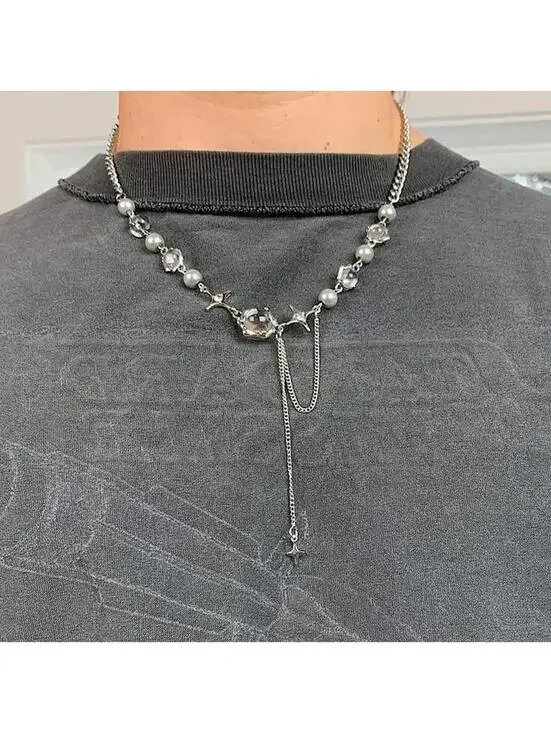Cyber y2k grunge silver and beaded futuristic glass opal pendant necklace.