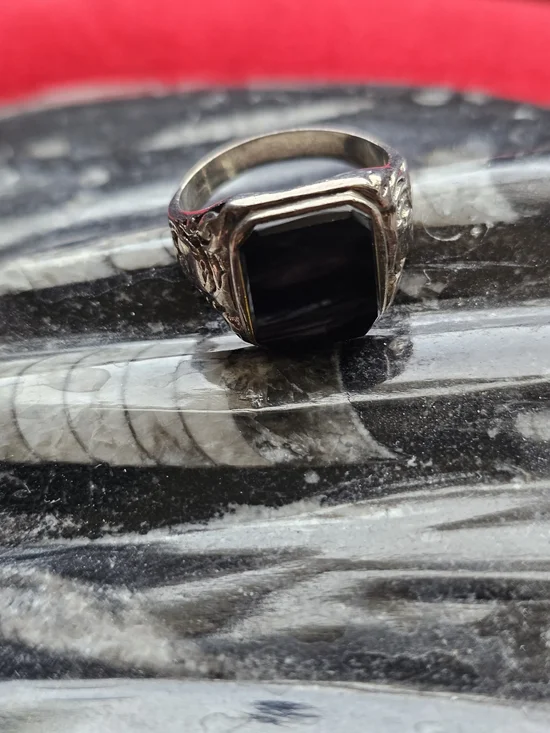 Men's Black Stone Silver-Tone Signet Ring