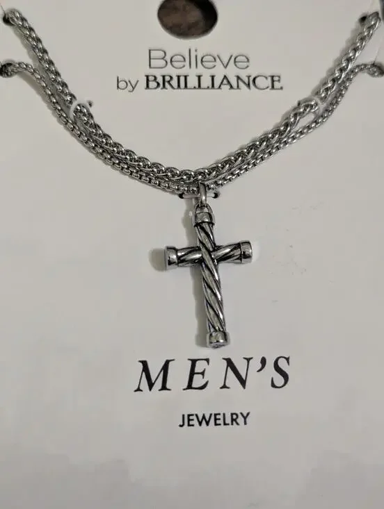 Believe by Brilliance Men's 2 Stainless Steel Dog Necklaces Cross Silver Plated
