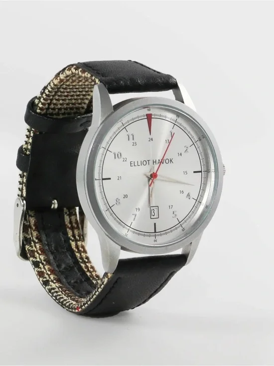Men's Black Leather Strap Silver Dial Watch